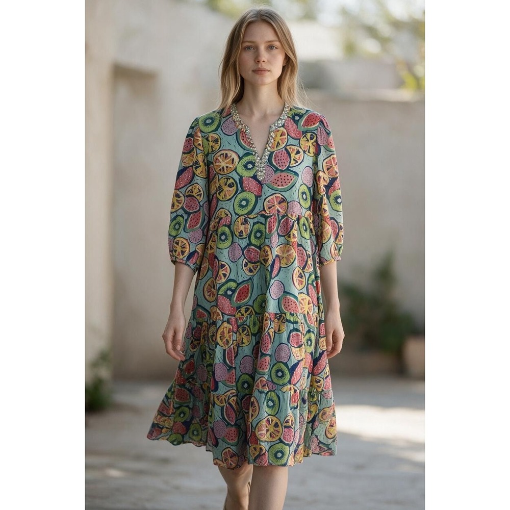 Tropical Resort Briton Court Fruit Print Beaded Tiered Midi Dress L Boho Chic